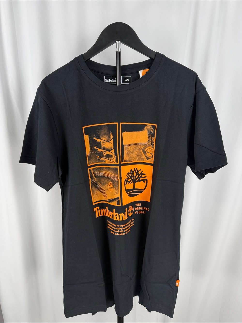 Timberland Black Tee with Bright Orange Graphic Blocks